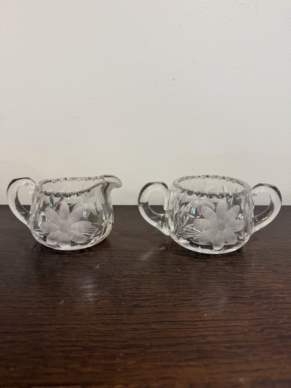 Vintage Cut Glass Crystal Clear Creamer and Sugar Bowl with Etched Flowers